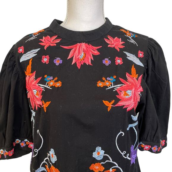 Asos Dress Women's Size 14 Black Cotton Embroidered Floral Colorful Open Back - Picture 4 of 13